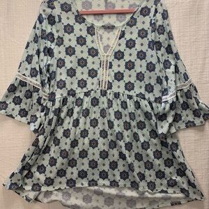 Red Camel Geometric Print Blouse with Crochet Detail